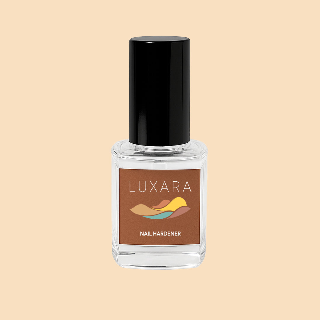 • Luxara natural nail hardener bottle
• Glossy clear nail care treatment
• Nail strengthener made in Lebanon
• 10ml natural nail treatment for brittle nails