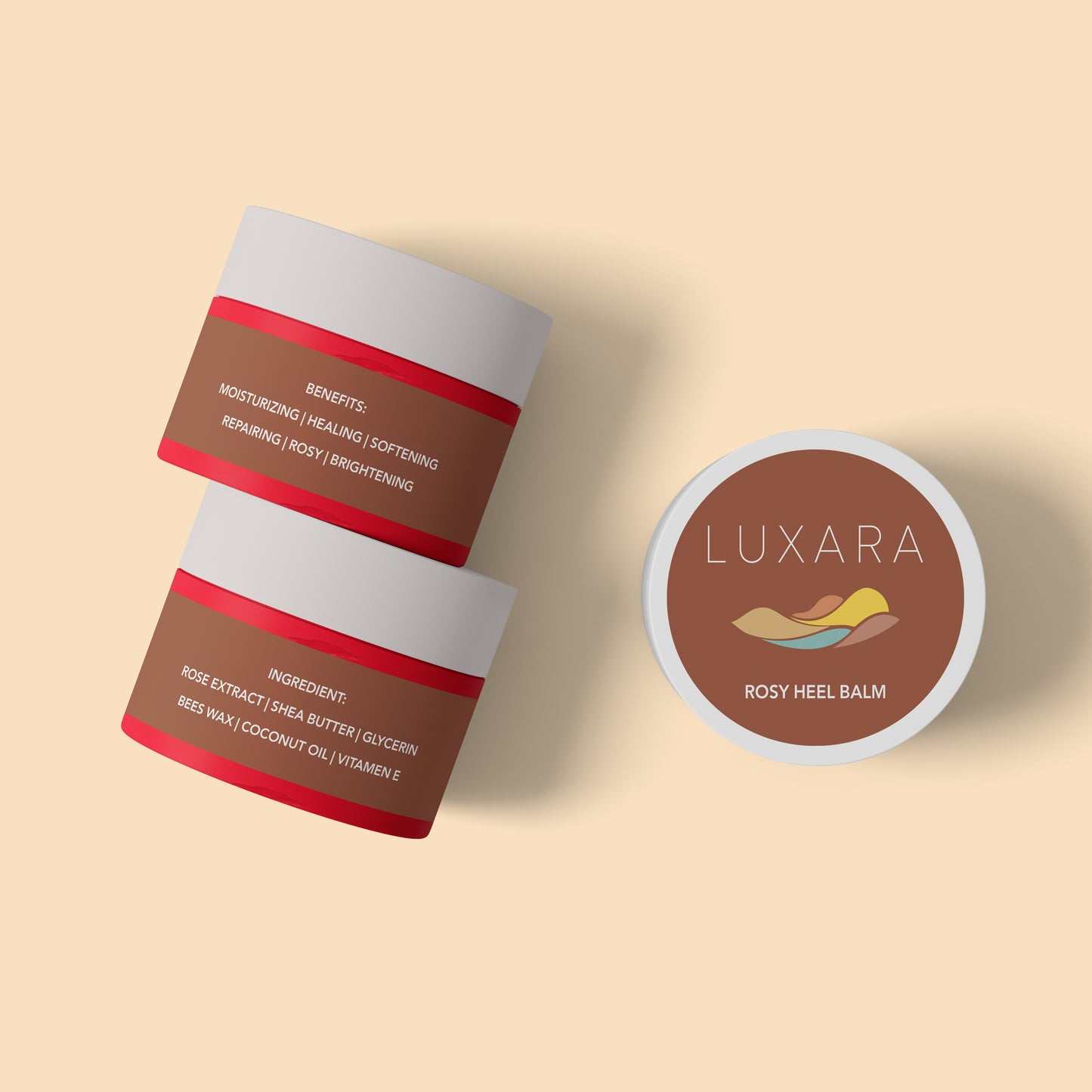 • Rosy heel balm open jar with natural ingredients
• Luxara foot balm with rose extract and shea butter
• Cracked heel repair balm made in Lebanon