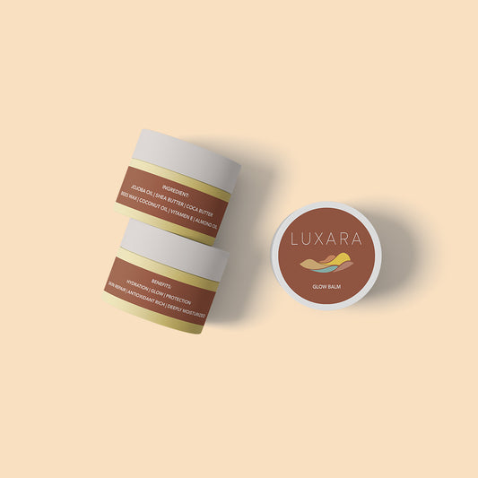 Luxara glow balm packaging on a beige background