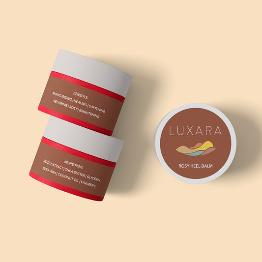 	•	Rosy heel balm open jar with natural ingredients
	•	Luxara foot balm with rose extract and shea butter
	•	Cracked heel repair balm made in Lebanon